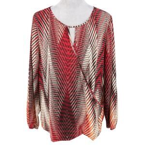 Chicos Top 3 Womens XL 16 Red Beige Faux Wrap Crinkle Bubble Hem Blouse